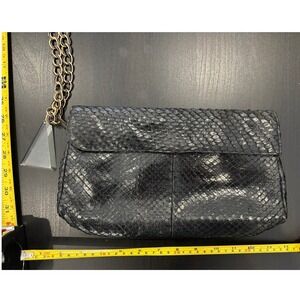 Vintage Black Snakeskin Embossed Clutch Bag Gold Chain Strap Triangle Charm